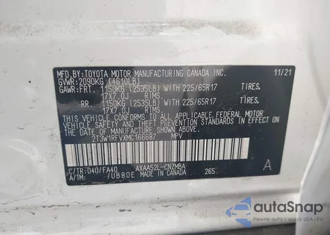 2021 Toyota Rav4 Xle/Xle Premium z USA, uszkodzony, nr VIN 2T3W1RFVXMC166687